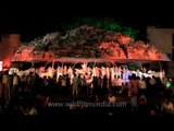 Huge sculpture of Lord Krishna lifting up Govardhan mountain outside Prem Mandir, Vrindavan