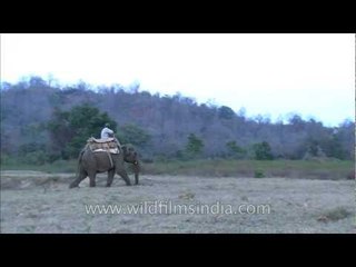 Mahout or elephant trainer, riding his elephant at Corbett
