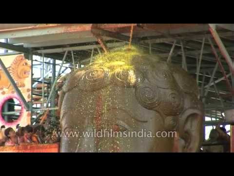 Devotees pour haldi or turmeric water onto Shravanabelagola's statue