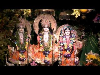 Lord Rama and Sita with Laxman jhankis on Krishna Janmashtami: Iskcon temple Delhi