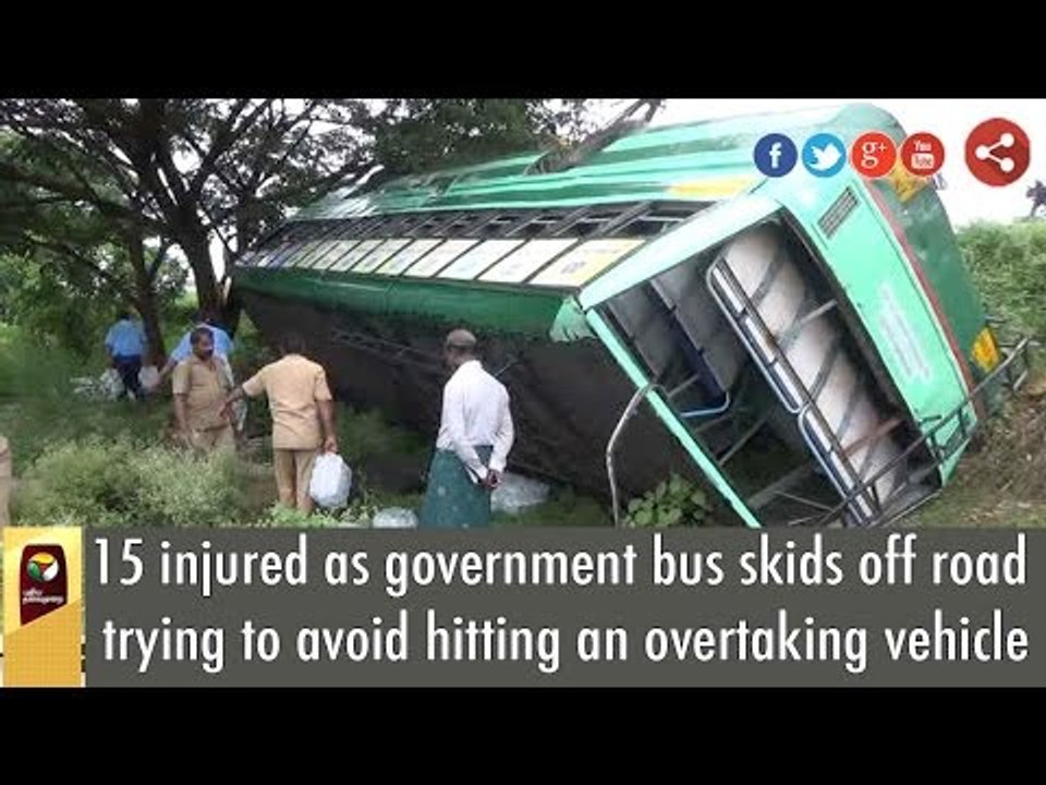 15 injured as government bus skids off road trying to avoid hitting an overtaking vehicle