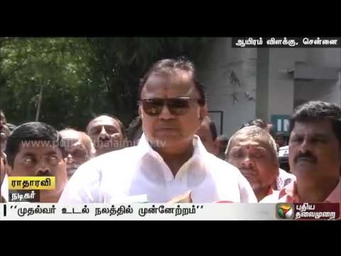 Actor Radha Ravi addressing reporters after enquiring about the CM's health at the hospital