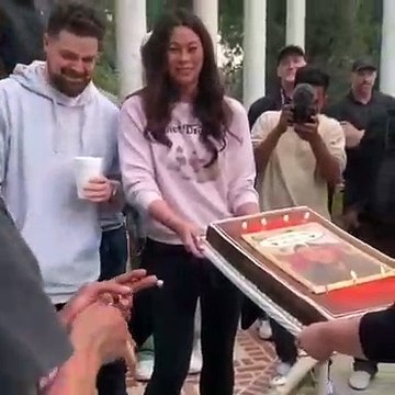 Travis Scott is presented with his birthday cake, as everyone sings Happy Birthday