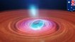 Wobbly black hole blasts plasma jets, warps space and time