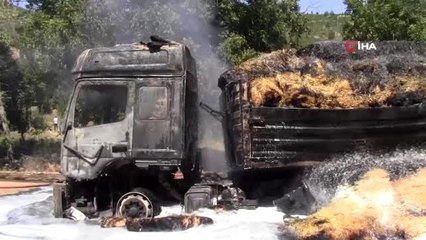 Saman yüklü tır yandı, alevler ormana sıçradı