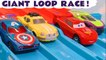 Hot Wheels Giant Loop race with Disney Pixar Cars 3 Lightning McQueen and Marvel Avengers 4 & DC Comics Superheroes family friendly full episode