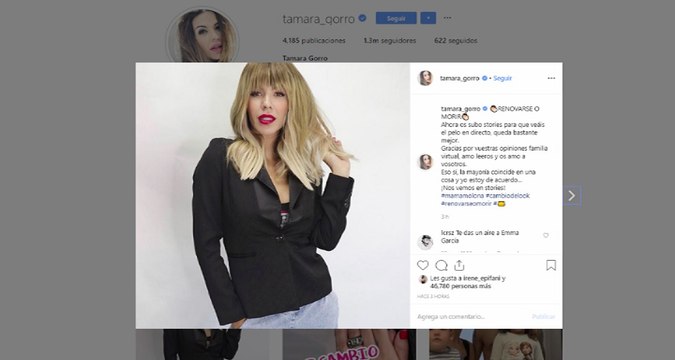 Tamara Gorro publica una foto de su cambio de look