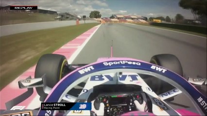 لانس سترول يفقد السيطرة على سيارته ويصطدم بالحاجز بقوة في إسبانيا