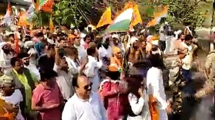 Sadhus and Congress workers in a procession in favour of Digvijaya Singh