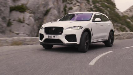 The Jaguar F-PACE SVR 550PS AWD in Fuji White Driving in Southern France
