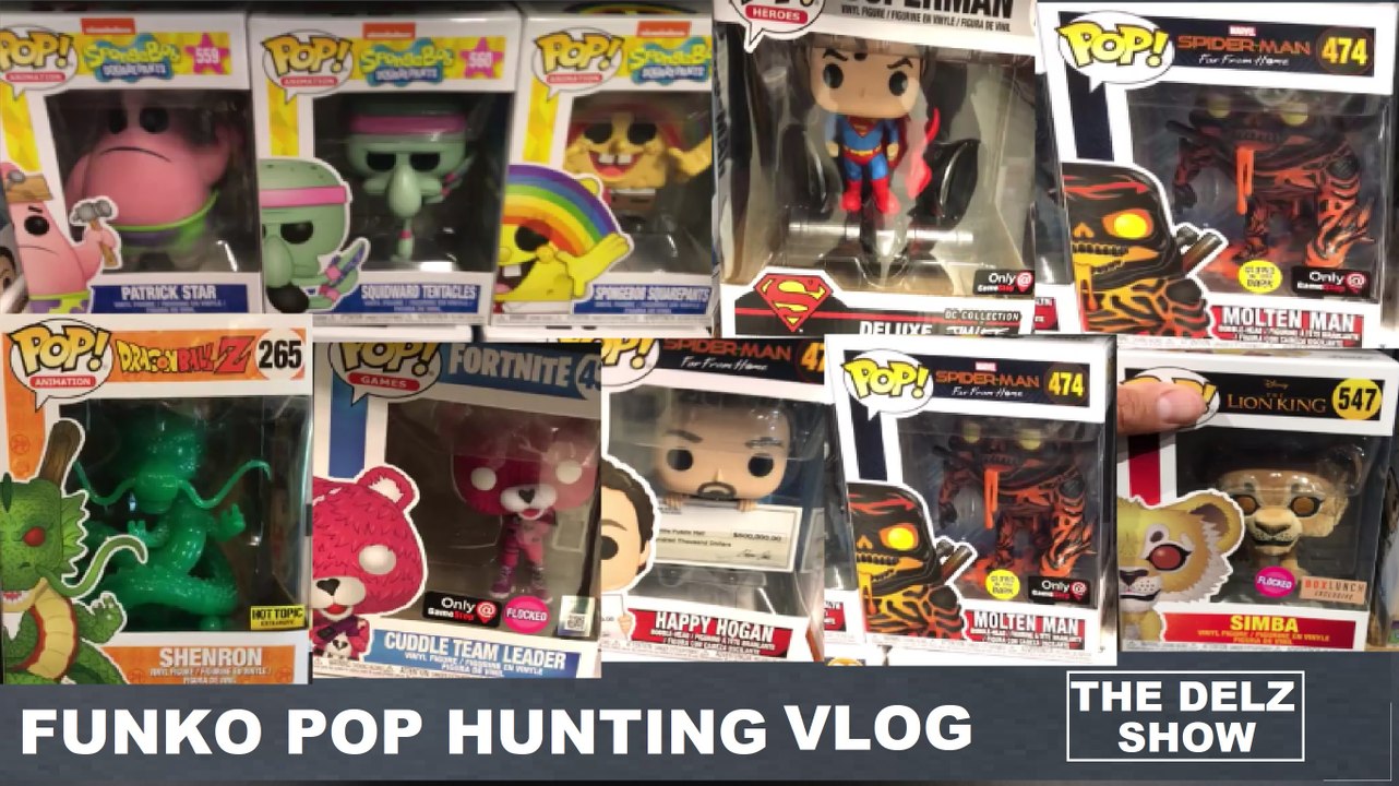 Funko Pop Hunt for Dragonball Z Jade Shenron,Spiderman  Far From Home GITD Molten Man Gamestop,Fortnite Cuddle Flocked,Spongebob Square Pants,Lion King Movie Simba Flocked& Chases