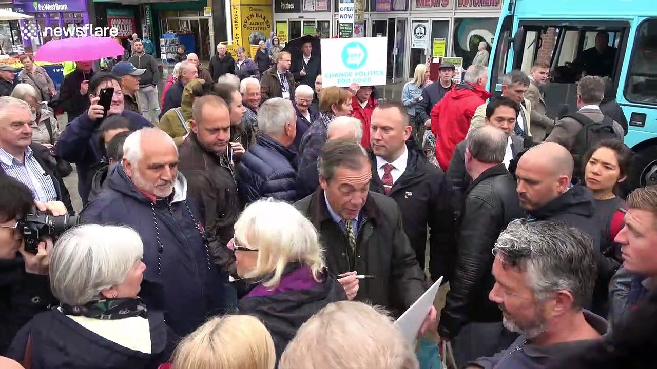 Nigel Farage hits rain-soaked Dudley for walkabout on EU elections campaign