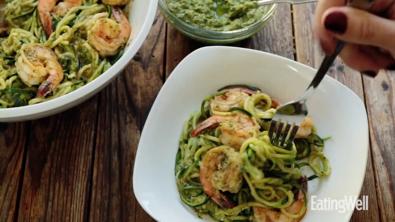 How to Make Zucchini Noodles with Avocado Pesto and Cajun Shrimp