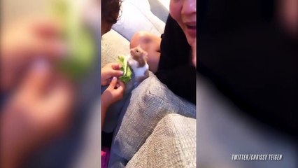 Chrissy Teigen's Daughter Luna Feeding Their Hamster