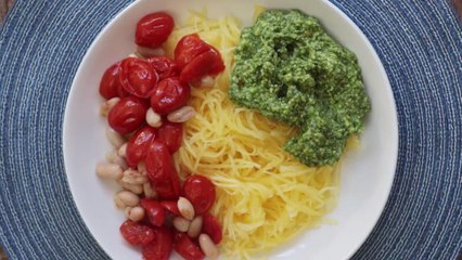 How to Make Spaghetti Squash with Roasted Tomatoes, Beans & Almond Pesto