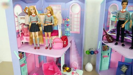 Twin Sister Barbie Rapunzel School Morning - Eating Cereal for Breakfast Barbie Sekolah pagi | Karla D.