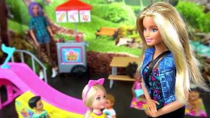 Barbie Chelsea Goes to The Park & Carousel - Chelsea Skateboards &  Breaks her Leg