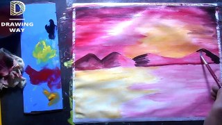 Sunset scenery drawing with watercolor _ night scenery _ red and black ( 385)