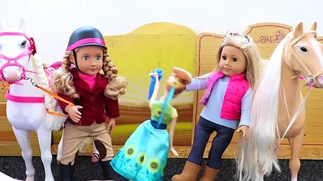 American Girl, OG Dolls Playing horse challenge with Frozen Anna host - kids playing horse toys