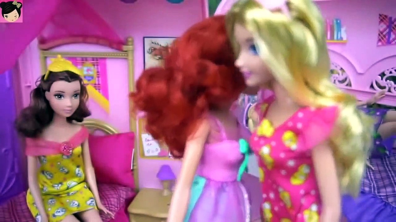 Barbie Princess Pink Bedroom Sleep Over Party with Frozen  Elsa Anna Ariel Rapunzel
