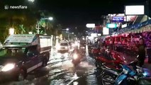 Rainy season flash floods submerge roads in Thailand