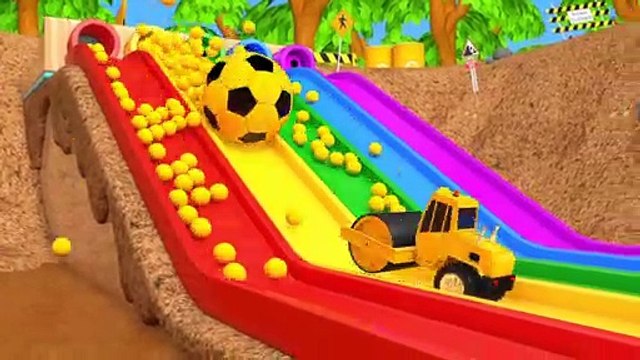 Learn Colors with Construction Vehicle VS Excavator and Soccer Ball Magic Water Slide for Kids