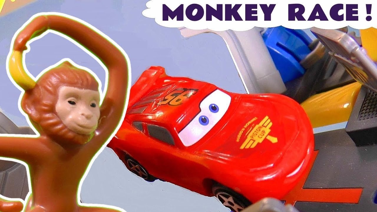 Hot Wheels Monkey Race with Disney Pixar Cars 3 Lightning McQueen with DC Comics & Marvel Avengers 4 Endgame Superheroes vs Transformers and Spongebob