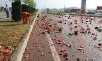 TIR devrildi, yol karpuz tarlasına döndü