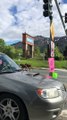 Mama Moose and Young Twins Trot Along Street