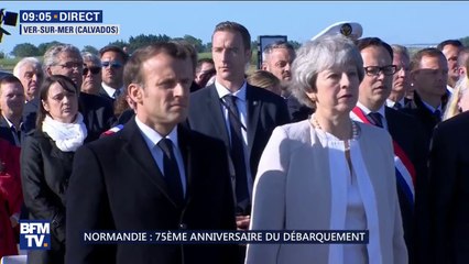 D-Day: les hymnes français et britannique sont entonnés après le dépôt d'une gerbe au pied du mémorial britannique