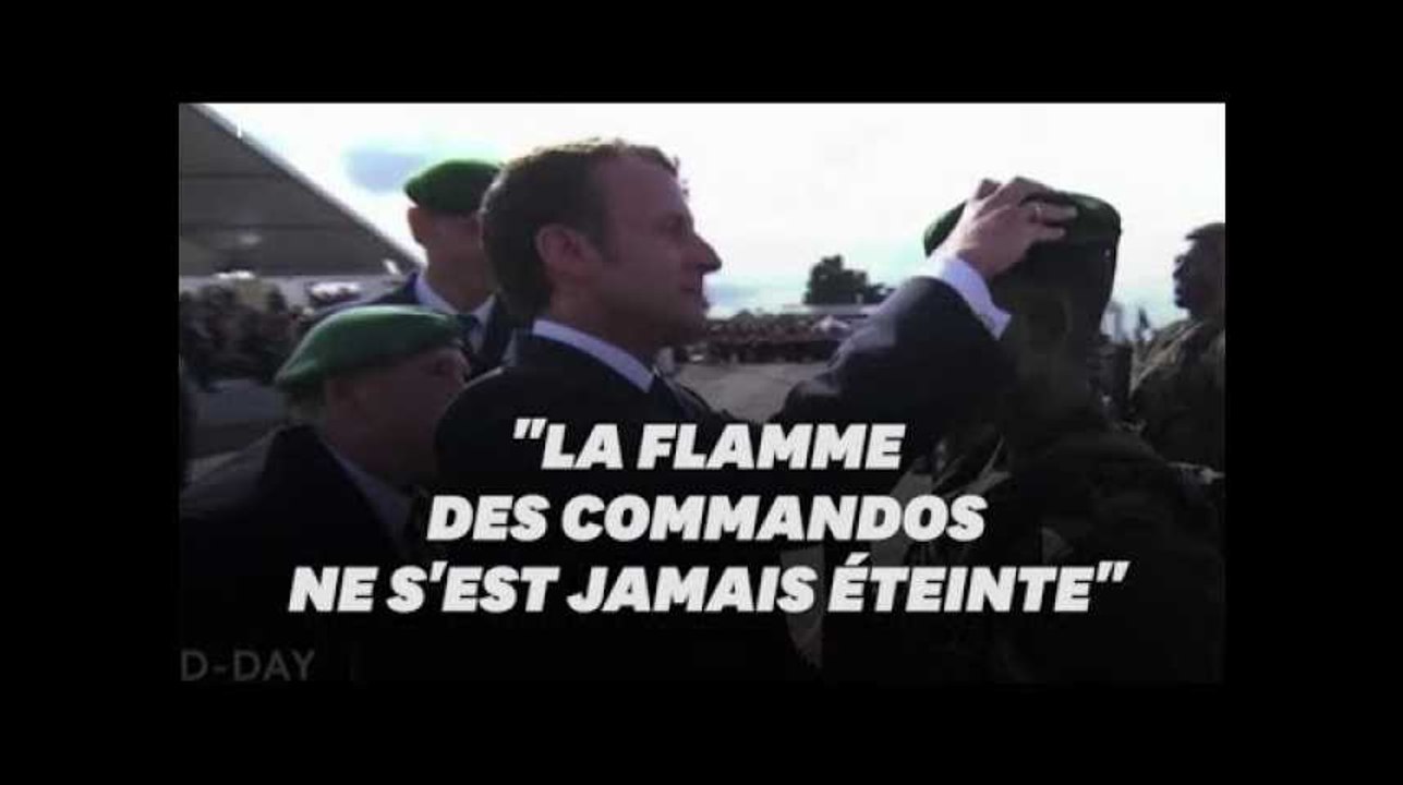 Macron et un vétéran du commando Kieffer remettent le symbolique béret vert à un jeune soldat