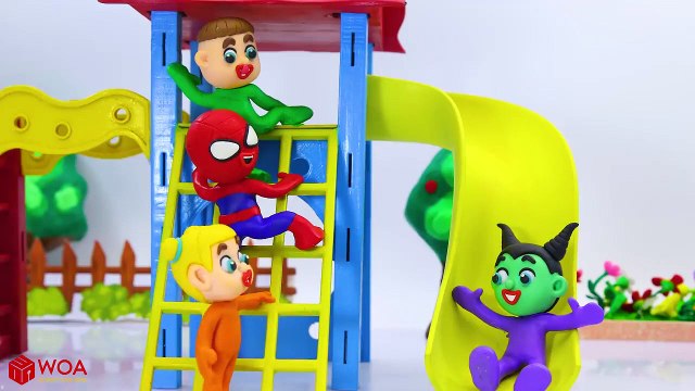SUPERHERO BABY HAVING FUN AT THE SLIDES Play Doh Cartoons For Kids