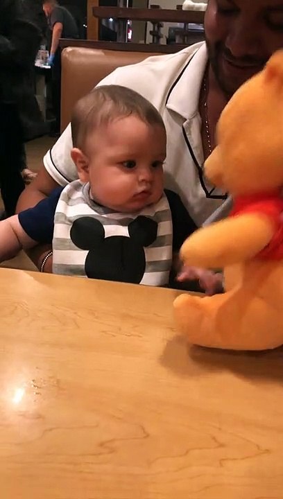 Baby Comes Face to Face with Winnie the Pooh Plushie