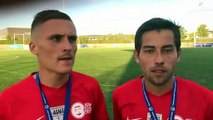 Finale Coupe LAuRA Foot – Corentin VOITOT et Jérémy MAIRESSE réagissent après la victoire de l’AS MISERIEUX-TREVOUX contre le FC DOMTAC