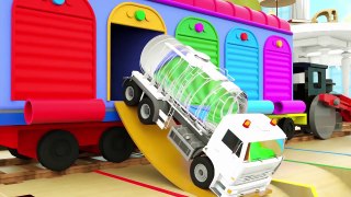 Learn Colors with Train Wagon TRansporting Tractor, Wrekcer Truck, Fire Truck Cartoon Parking Vehilc