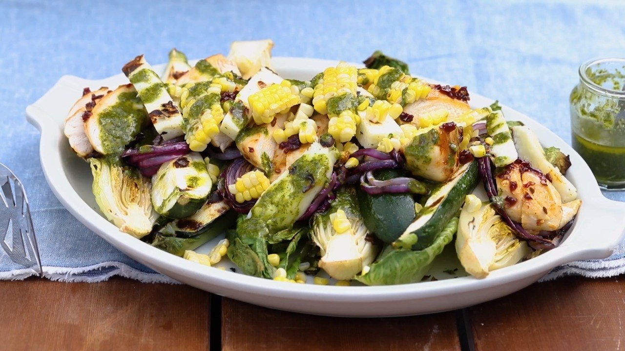 How To Make Grilled Salad with Chipotle Chicken & Halloumi, Corn, Zucchini, Red Onion and Cilantro-Lime Dressing
