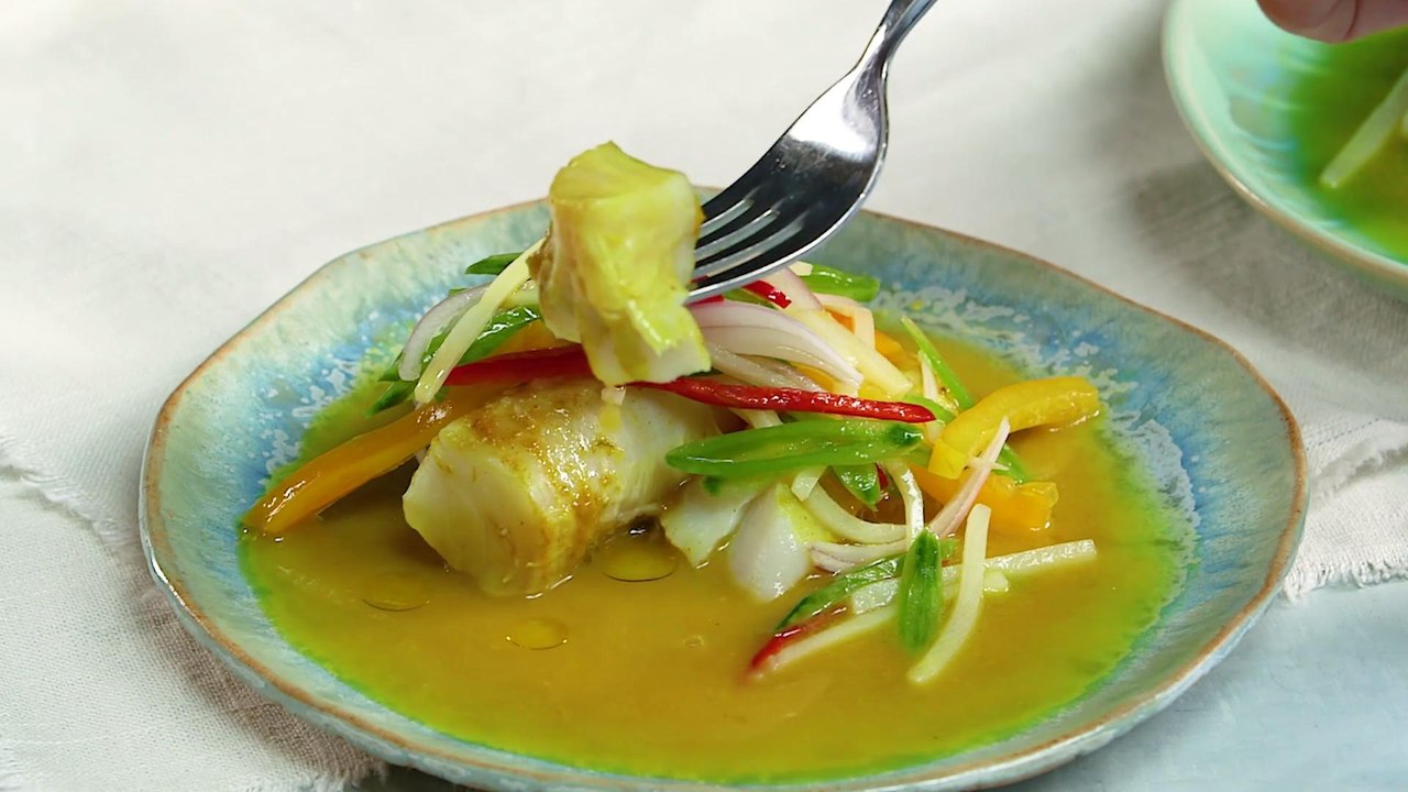How to Make Curry-Poached Cod with Snap Pea Slaw