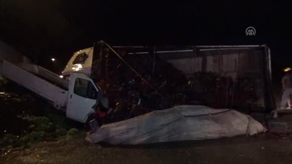 Kiraz yüklü kamyon kamyonetin üzerine devrildi: 3 yaralı