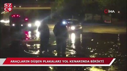 Çevre yolu göle döndü, araçların düşen plakaları yol kenarına birikti