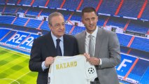Hazard posa junto a Florentino con la camiseta del Real Madrid