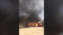 Los Bomberos luchan contra un incendio en el palmeral grancanario de Fataga