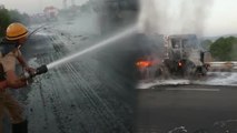 जयपुर एक्सप्रेस हाइवे पर आग का तांडव, आंखों के सामने जिंदा जल गया ट्रक ड्राइवर, देखिए विडियो