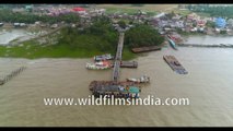 4K birds eye view of the coastline , Kakdwip island, Hooghly river meeting the Bay of Bengal at Gangasagar, West Bengal, India. Stock footage.
