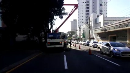 Descargar video: Cettrans orienta trânsito na Rua Paraná durante poda de árvores