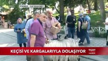 Sultanhamet Meydanı'nda Bir Keçi ve Evcilleştirdiği İki Kargayla Geziyor