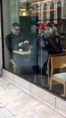 Kim Jong Un and Donald Trump Duplicate Having coffee in Japan restaurant