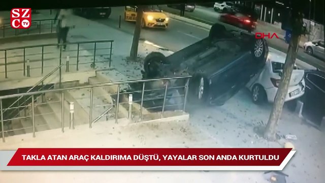 Üsküdar’da takla atan araç kaldırıma düştü