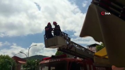 İpe dolanan kargayı itfaiye ekipleri kurtardı
