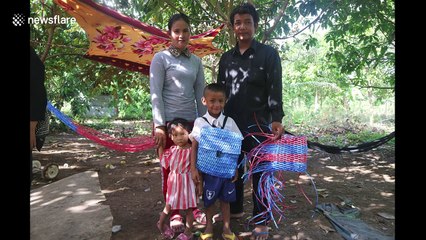 Cambodian father who couldn't afford to buy new rucksack for his son weaves one by hand from blue string