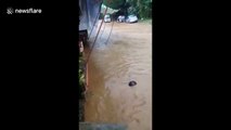 Students stranded inside classrooms after flash flooding in the Philippines